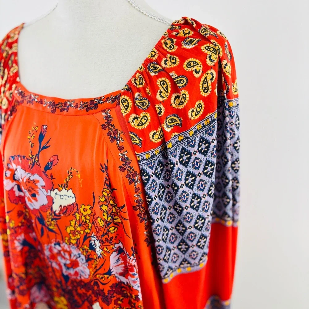Free People Orange‎ Mixed Floral Paisley Boho Balloon Sleeve Peasant Blouse XS